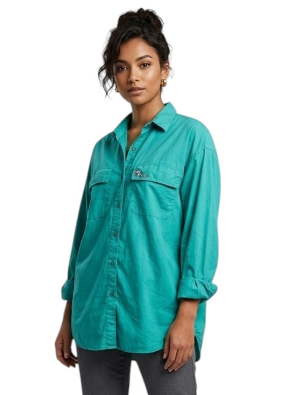 Vintage Kikomo Teal Button Down Shirt Plus Size 20W 90s Cotton Overshirt